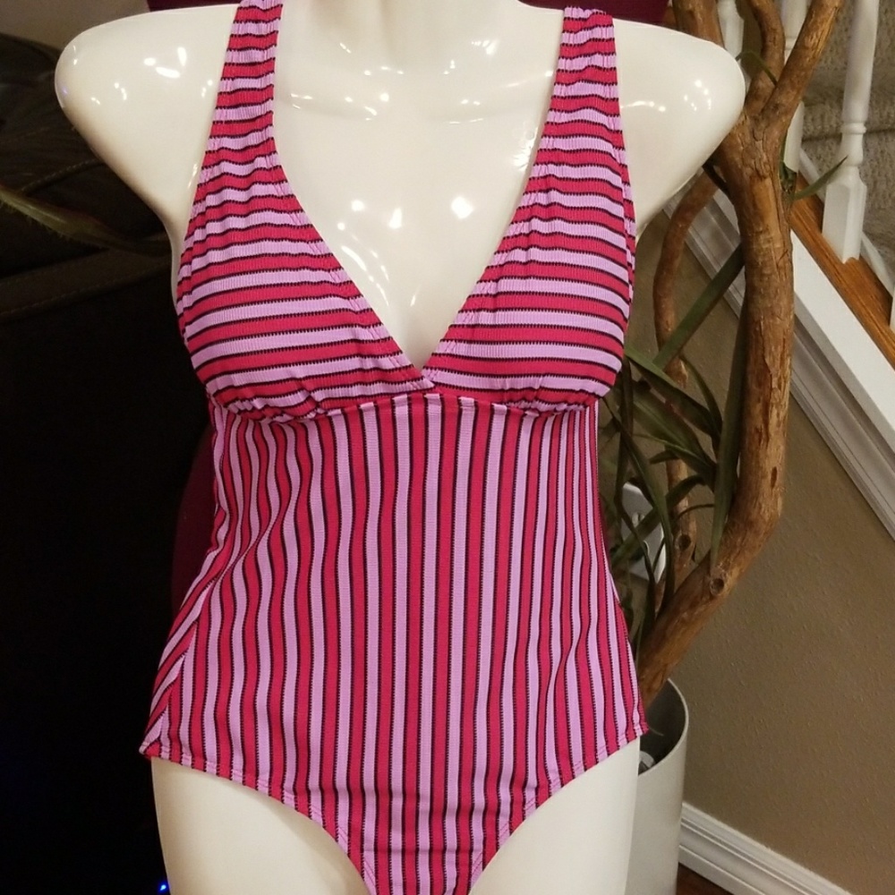 Anne Cole, One piece swimsuit, halter style, pink stripes, NEW WITH TAGS